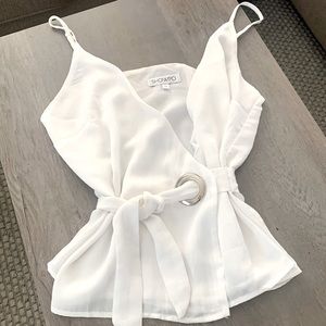 Spaghetti Strap Cream Wrap Blouse with Silver Grommets.